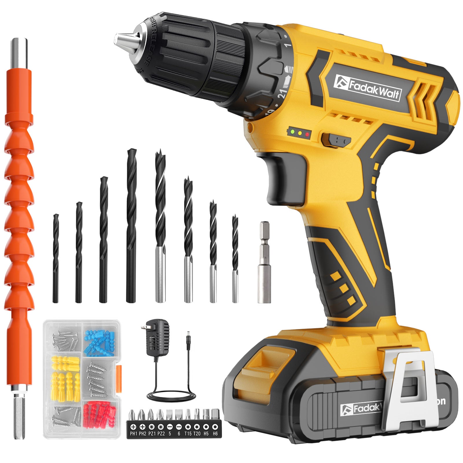 20V MAX Cordless Drill Set with Battery & Charger, 280 in-lbs Power Drill Kit, 2-Speed (0-1400 RPM), 21+1 Torque, 3/8" Keyless Chuck, 30pc Drill/Driver Bits, LED Light for Wood/Metal/Concrete