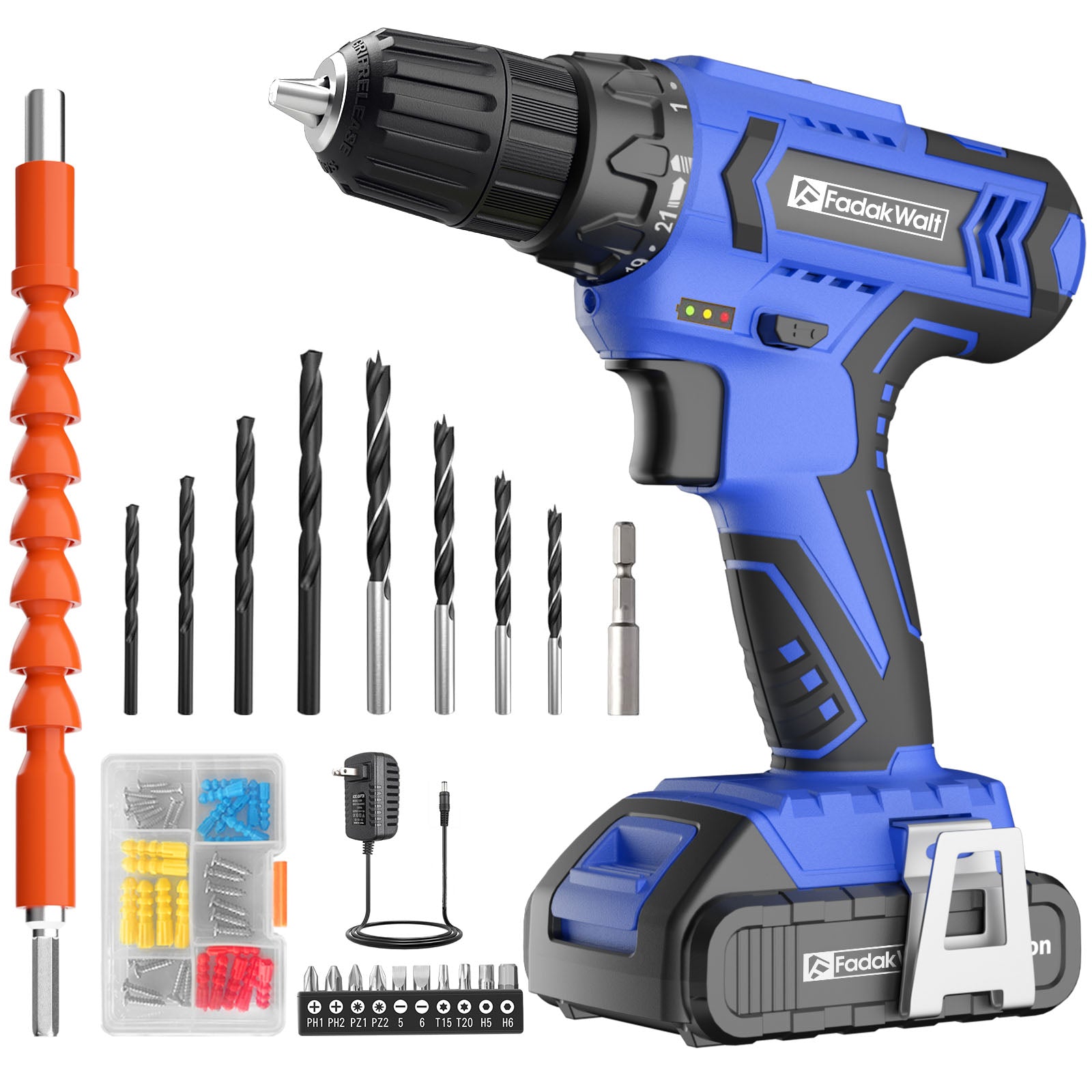 20V MAX Cordless Drill Set with Battery & Charger, 280 in-lbs Power Drill Kit, 2-Speed (0-1400 RPM), 21+1 Torque, 3/8" Keyless Chuck, 30pc Drill/Driver Bits, LED Light for Wood/Metal/Concrete