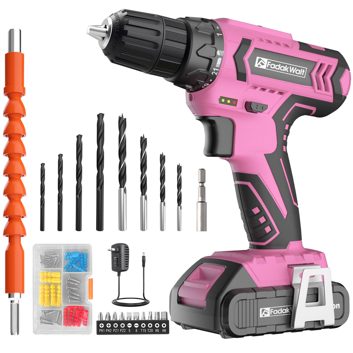 20V MAX Cordless Drill Set with Battery & Charger, 280 in-lbs Power Drill Kit, 2-Speed (0-1400 RPM), 21+1 Torque, 3/8" Keyless Chuck, 30pc Drill/Driver Bits, LED Light for Wood/Metal/Concrete