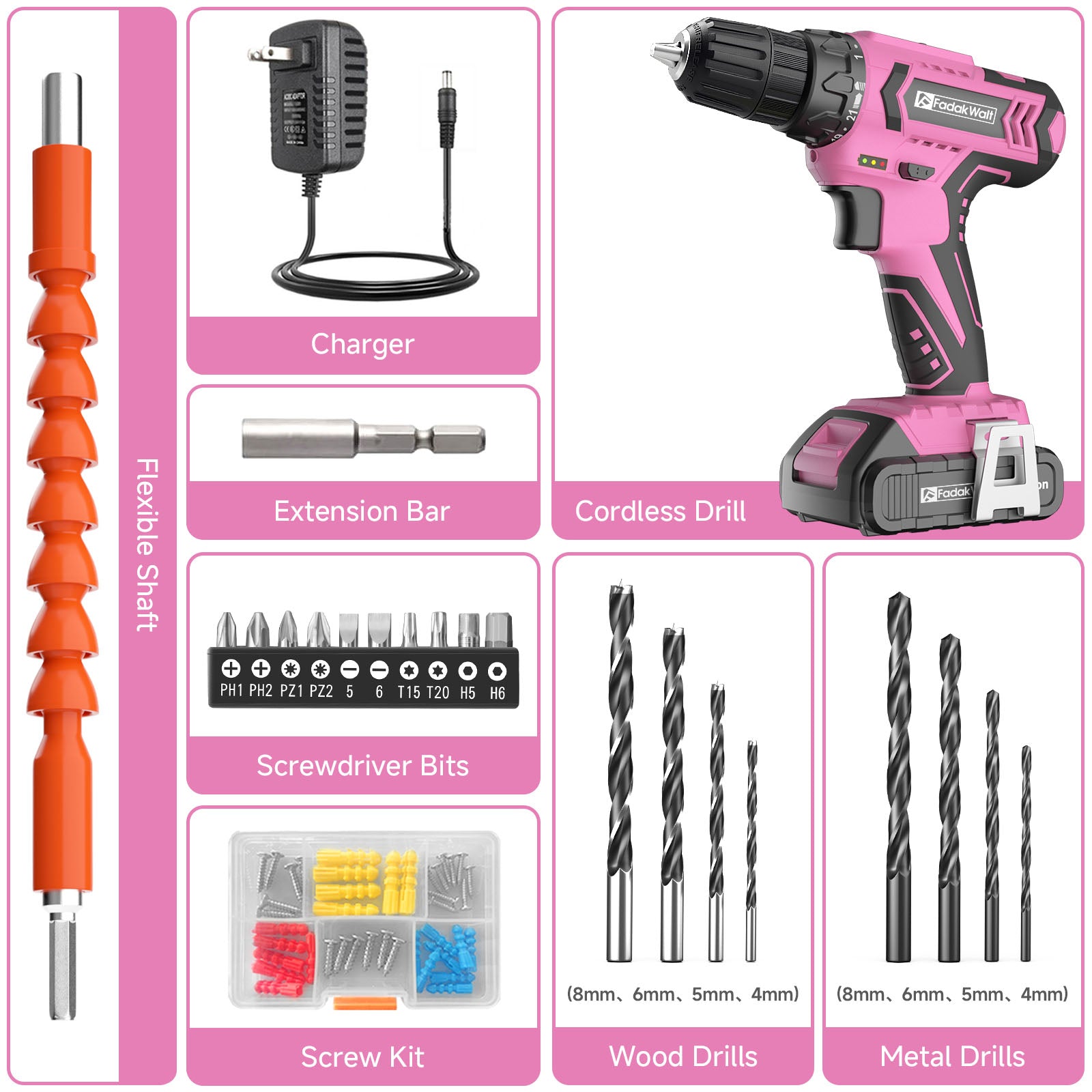 20V MAX Cordless Drill Set with Battery & Charger, 280 in-lbs Power Drill Kit, 2-Speed (0-1400 RPM), 21+1 Torque, 3/8" Keyless Chuck, 30pc Drill/Driver Bits, LED Light for Wood/Metal/Concrete