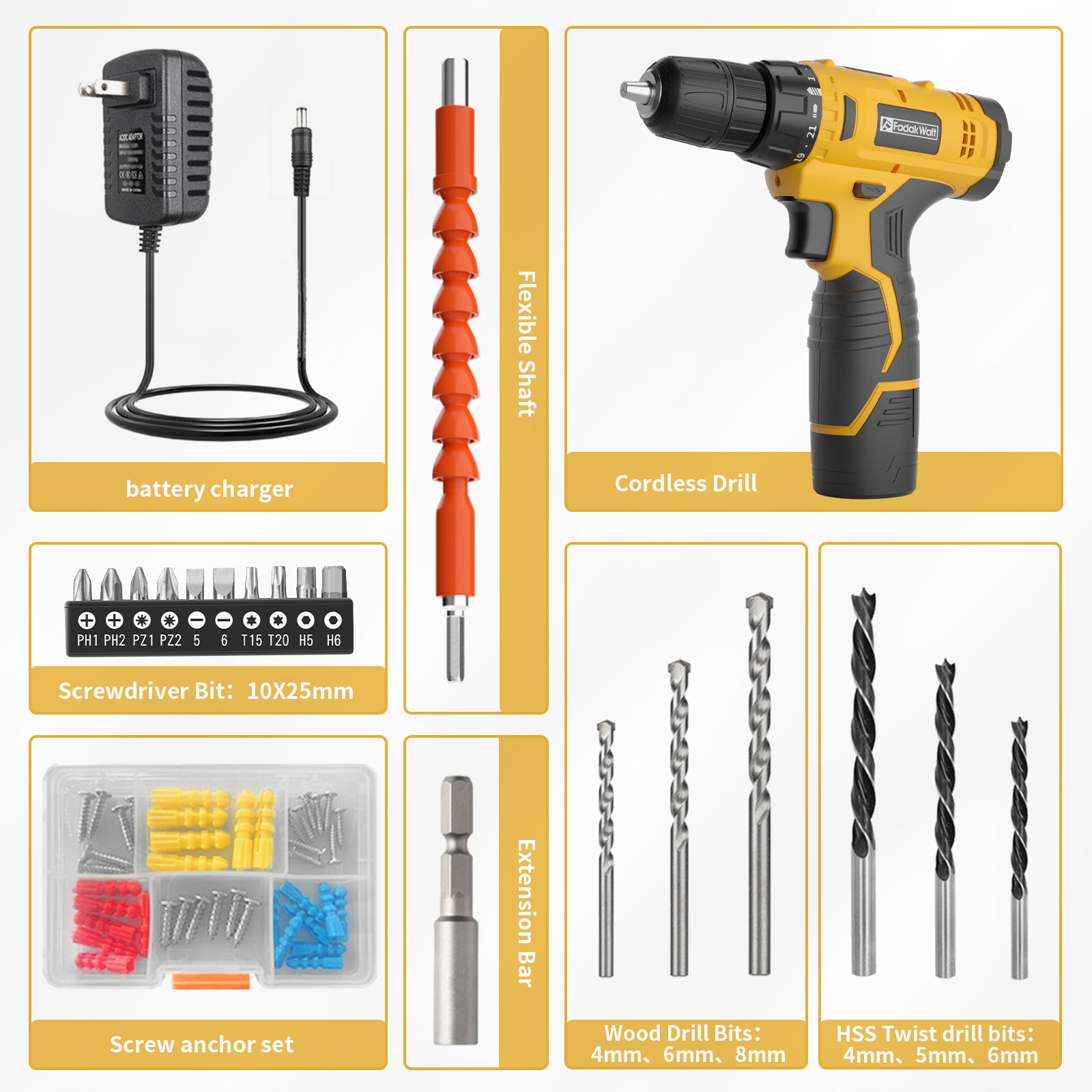 Fadakwalt Cordless 12V Drill Kit with Battery and Charger Fadakwalt