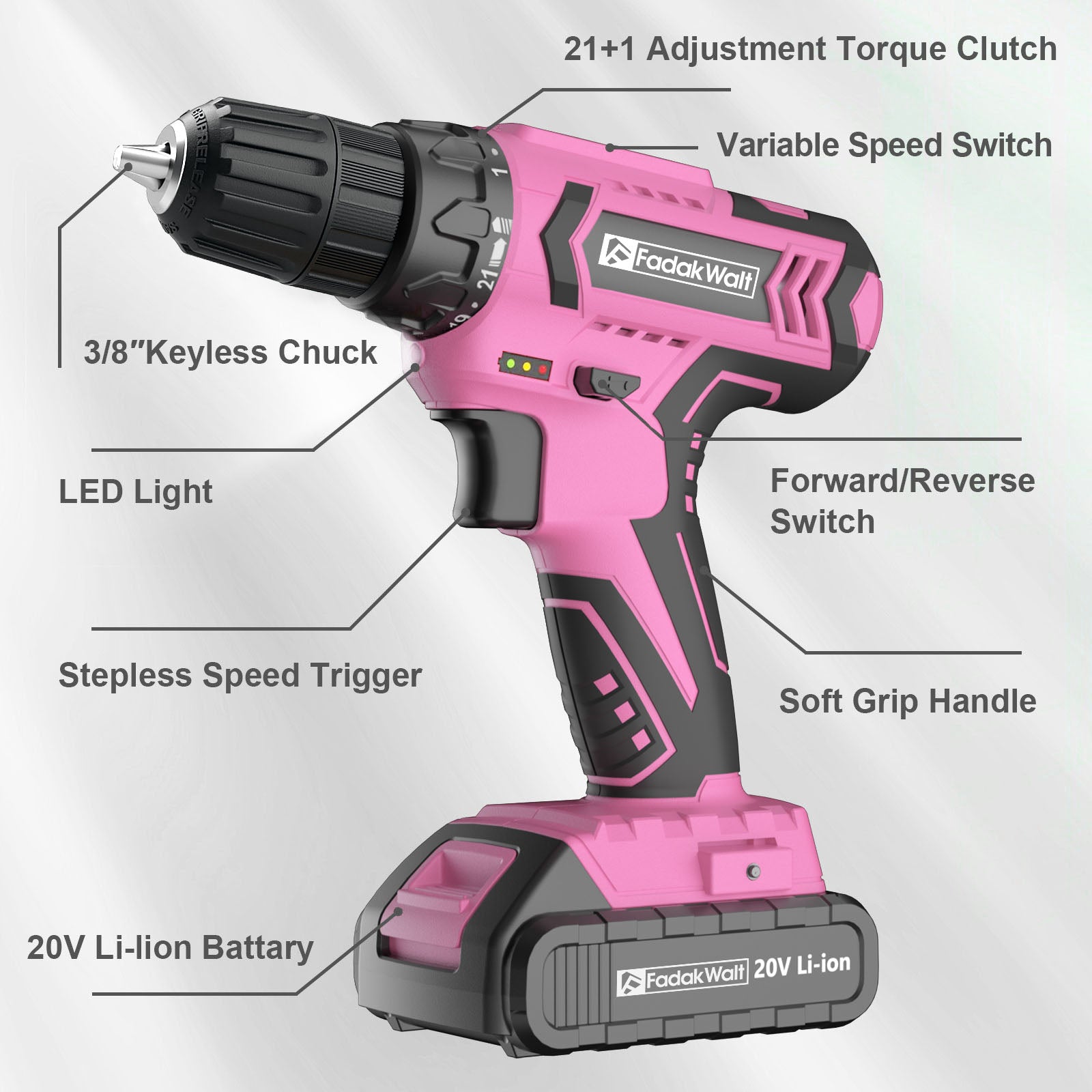 20V MAX Cordless Drill Set with Battery & Charger, 280 in-lbs Power Drill Kit, 2-Speed (0-1400 RPM), 21+1 Torque, 3/8" Keyless Chuck, 30pc Drill/Driver Bits, LED Light for Wood/Metal/Concrete
