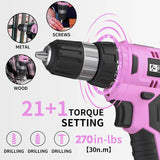 Load image into Gallery viewer, Cordless Drill Set, 20V Electric Power Drill with Battery And Charger, Torque 30N, 21+1 Torque Setting, 3/8-Inch Keyless Chuck, Drill Driver Bits Kit, with LED Electric Drill Set. （Pink)