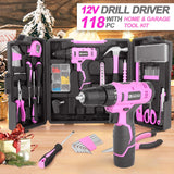 Load image into Gallery viewer, 118PCS Pink 12V Cordless Drill Set – Electric Drill Driver &amp; Household Tool Kit with DIY Cordless Power Screwdriver, LED, and 180 inch-lbs of Torque for Home Maintenance