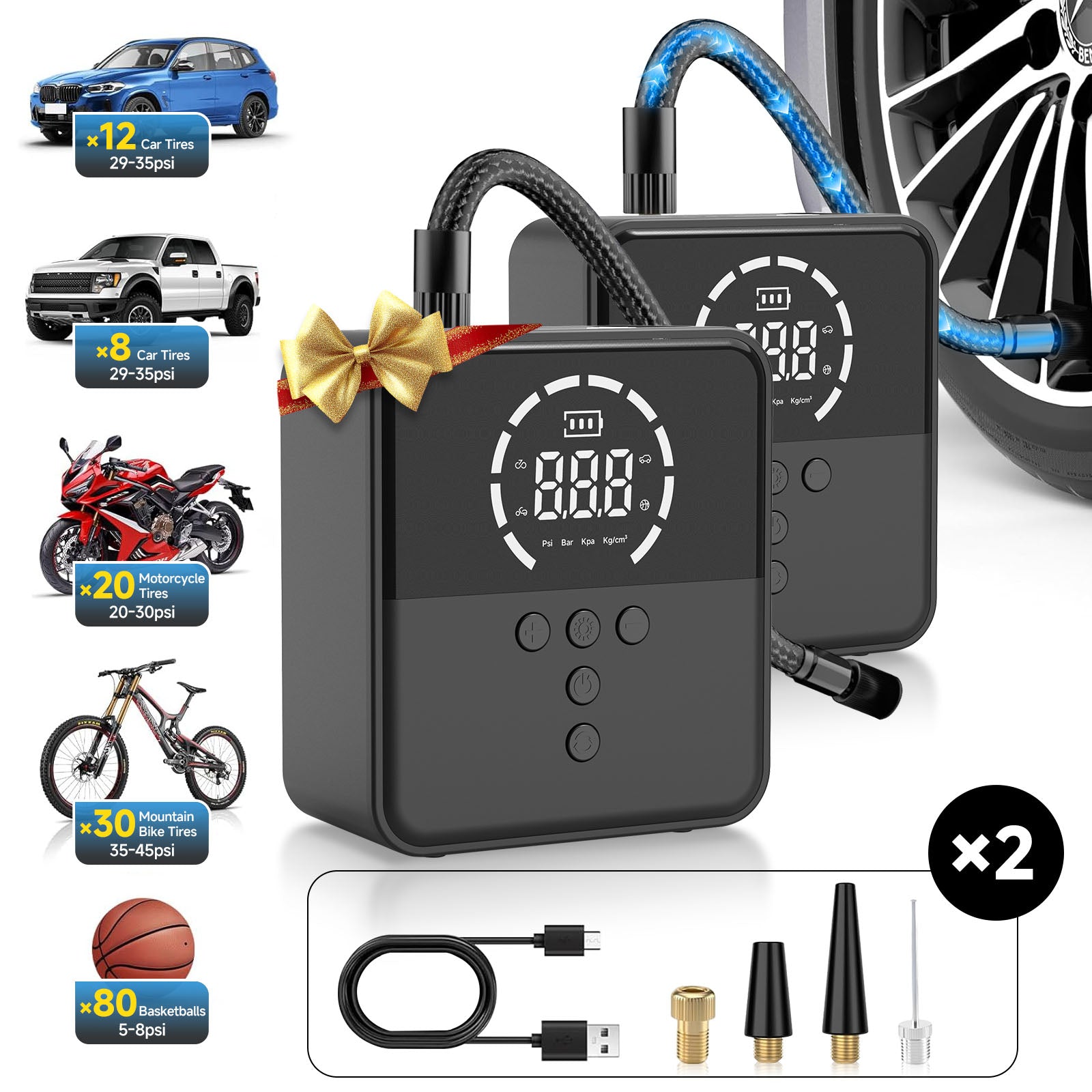 FadaKwalt Tire Inflator Portable Air Compressor, 150PSI Cordless Mini Air Pump with Digital Pressure Gauge, 3X Fast Inflation, Auto Shut-Off, LED Light, 6000mAh Rechargeable for Cars, Bikes & Balls