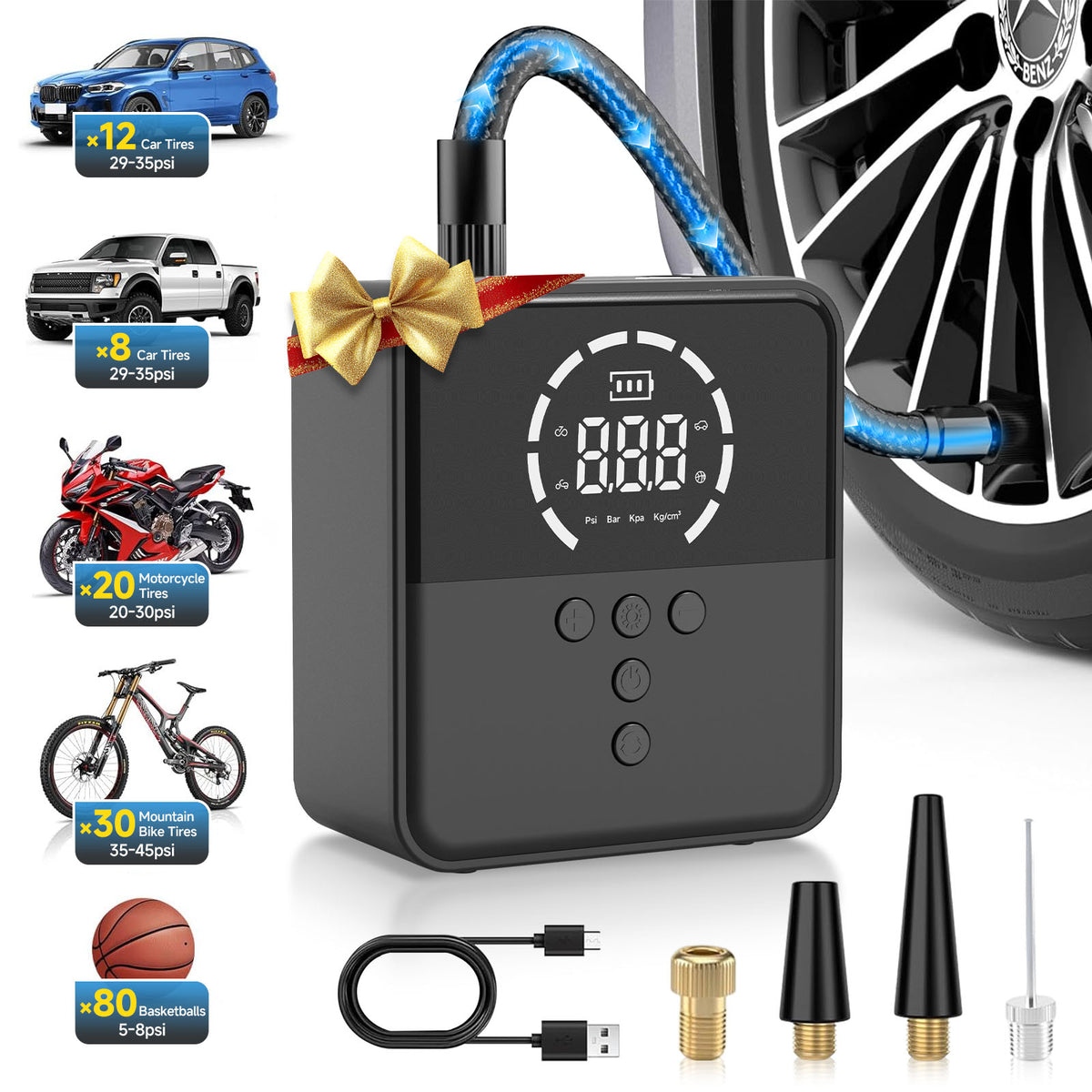 FadaKwalt Tire Inflator Portable Air Compressor, 150PSI Cordless Mini Air Pump with Digital Pressure Gauge, 3X Fast Inflation, Auto Shut-Off, LED Light, 6000mAh Rechargeable for Cars, Bikes & Balls