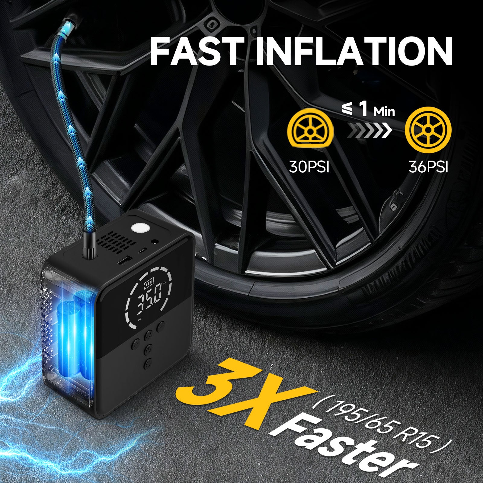 FadaKwalt Tire Inflator Portable Air Compressor, 150PSI Cordless Mini Air Pump with Digital Pressure Gauge, 3X Fast Inflation, Auto Shut-Off, LED Light, 6000mAh Rechargeable for Cars, Bikes & Balls