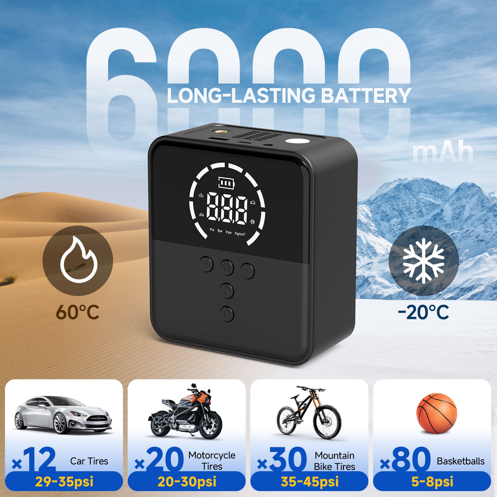 FadaKwalt Tire Inflator Portable Air Compressor, 150PSI Cordless Mini Air Pump with Digital Pressure Gauge, 3X Fast Inflation, Auto Shut-Off, LED Light, 6000mAh Rechargeable for Cars, Bikes & Balls