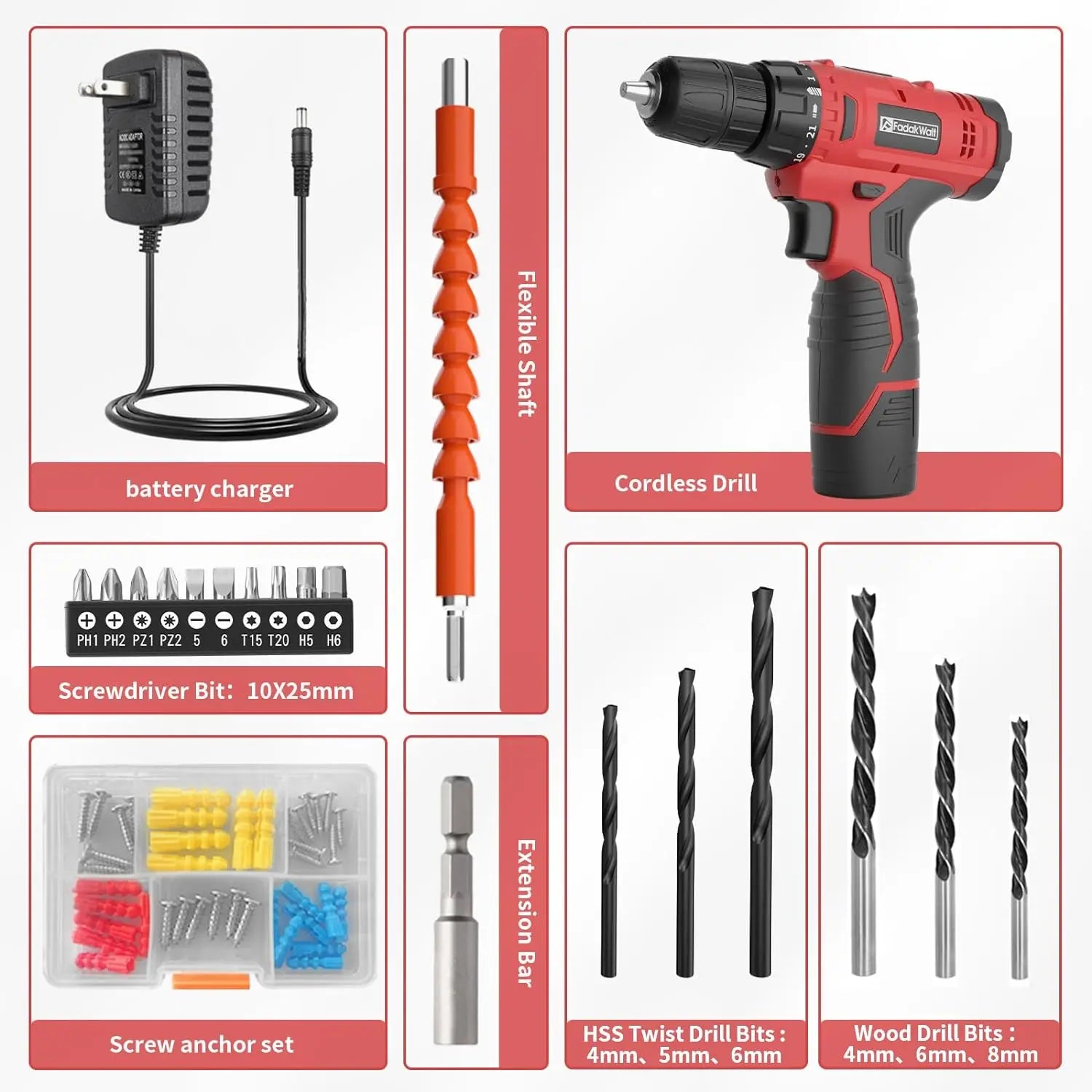 Fadakwalt 12V Red Cordless Drill, Includes Multiple Drill Bit Sizes, Easy to Use