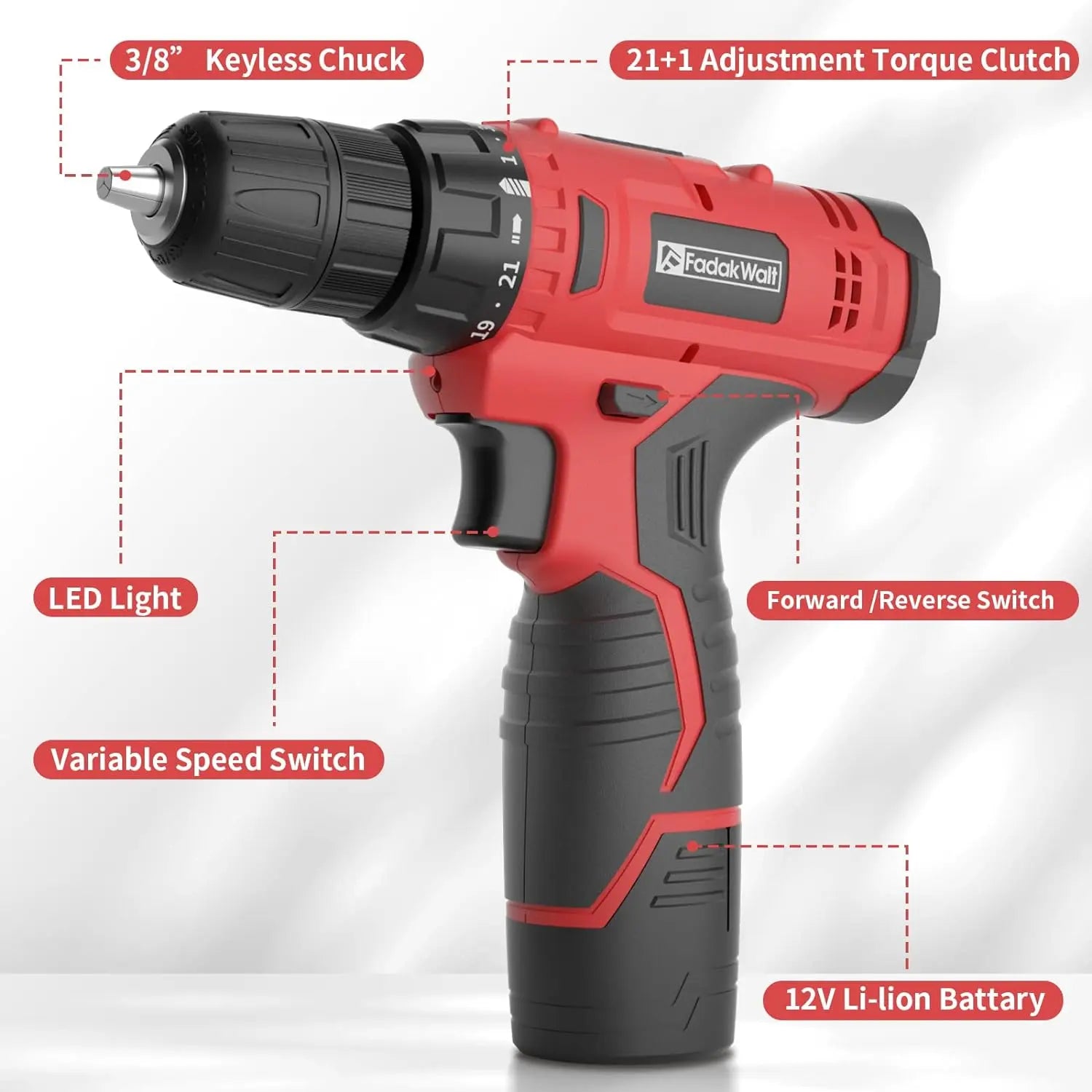 Fadakwalt 12V Red Cordless Drill, suitable for furniture assembly and daily maintenance