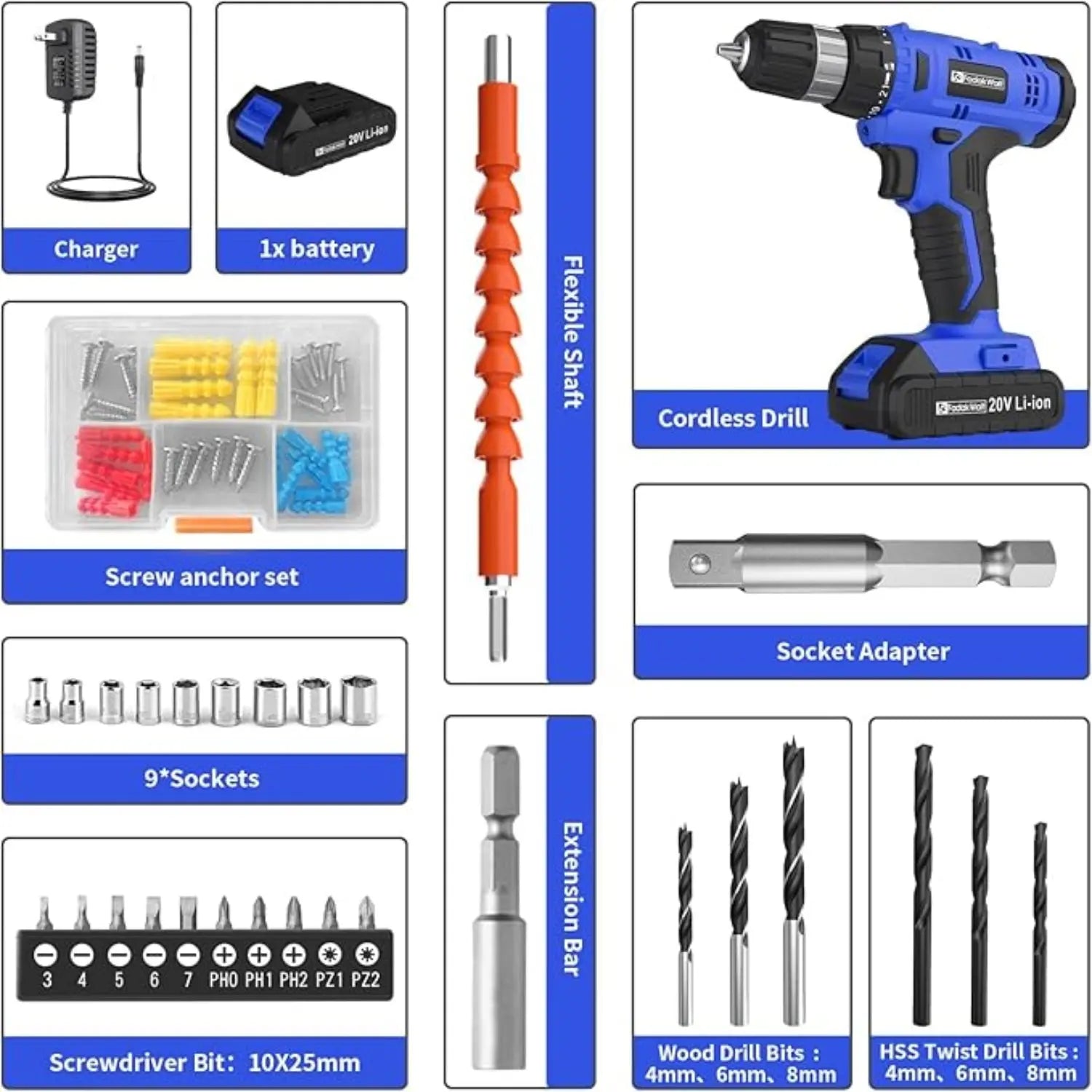 Fadakwalt 20V Cordless Drill All Accessories Display, Including Quick Charger and Various Drill Bit Accessories
