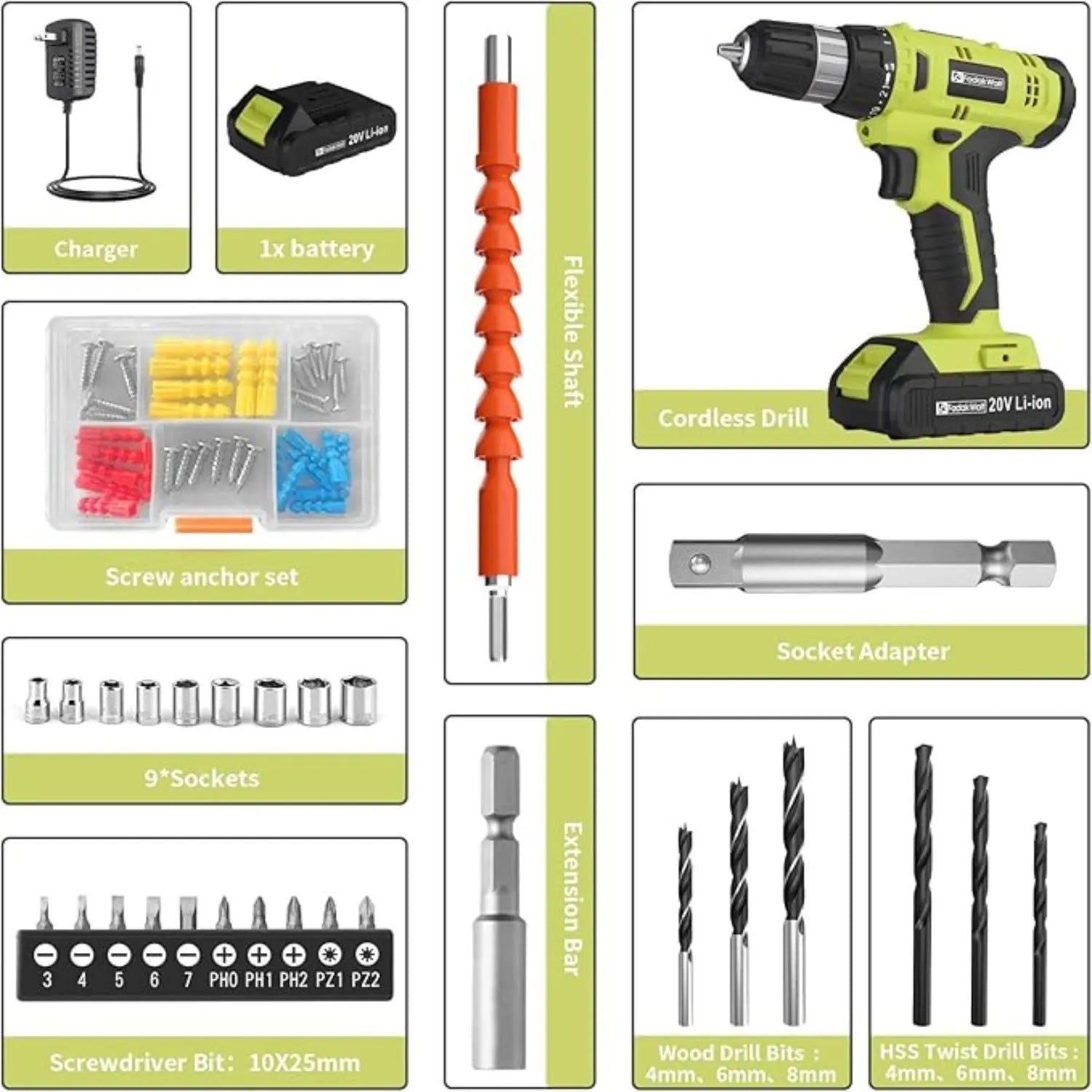 Fadakwalt 20V Cordless Drill All Accessories Display, Easily Complete Drilling and Tightening Tasks