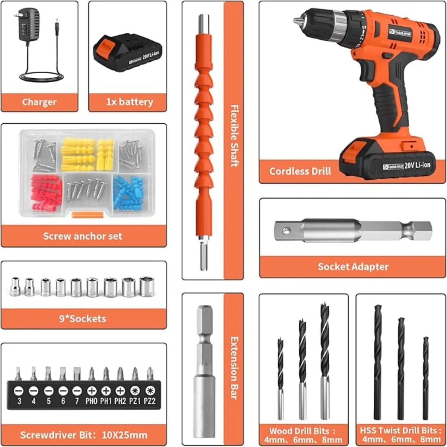 Fadakwalt 20V Cordless Drill All Accessories Display, Lightweight and Powerful, Suitable for a Variety of Home and Industrial Applications
