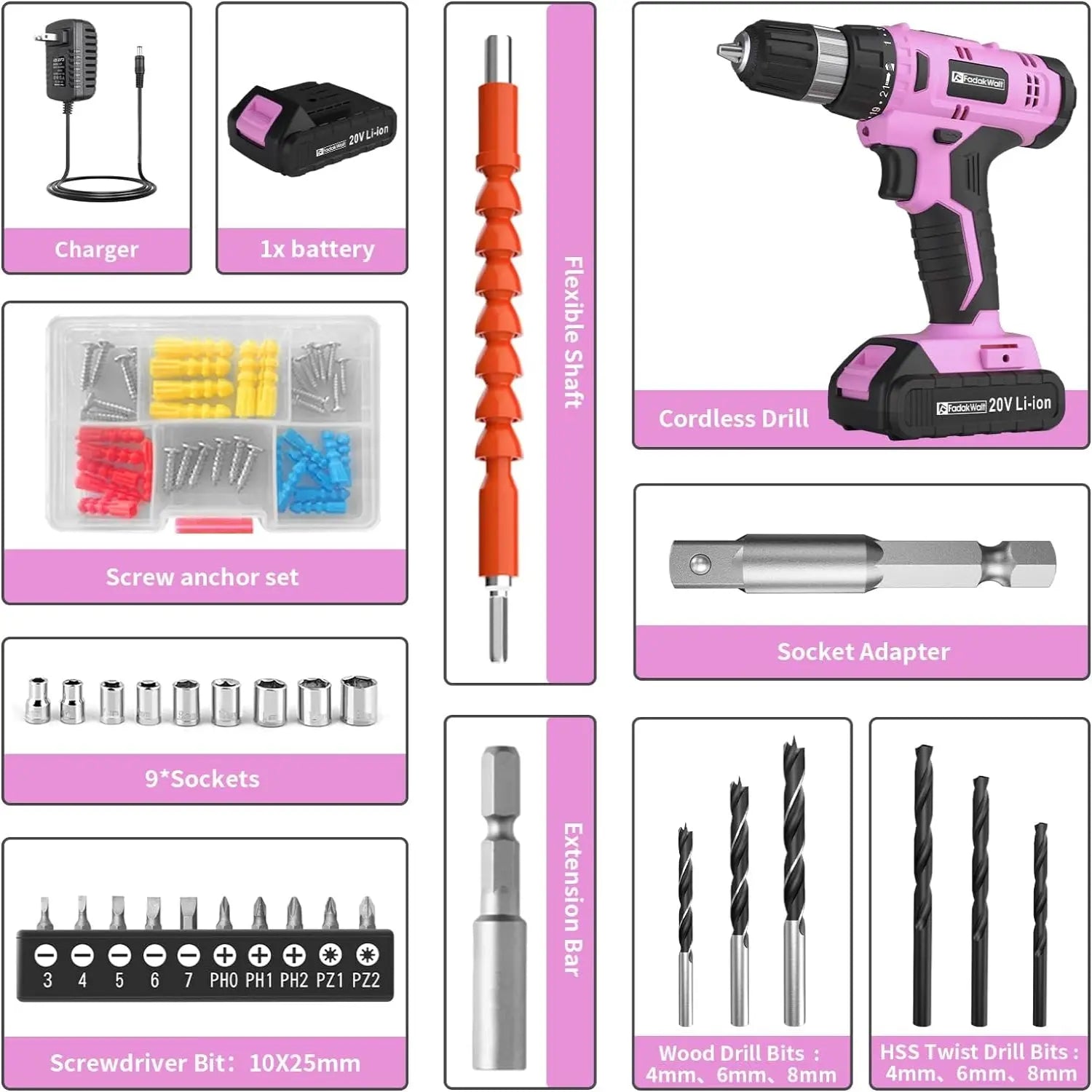 Fadakwalt 20V Cordless Drill All accessories are displayed, easy to replace, easy to work with.