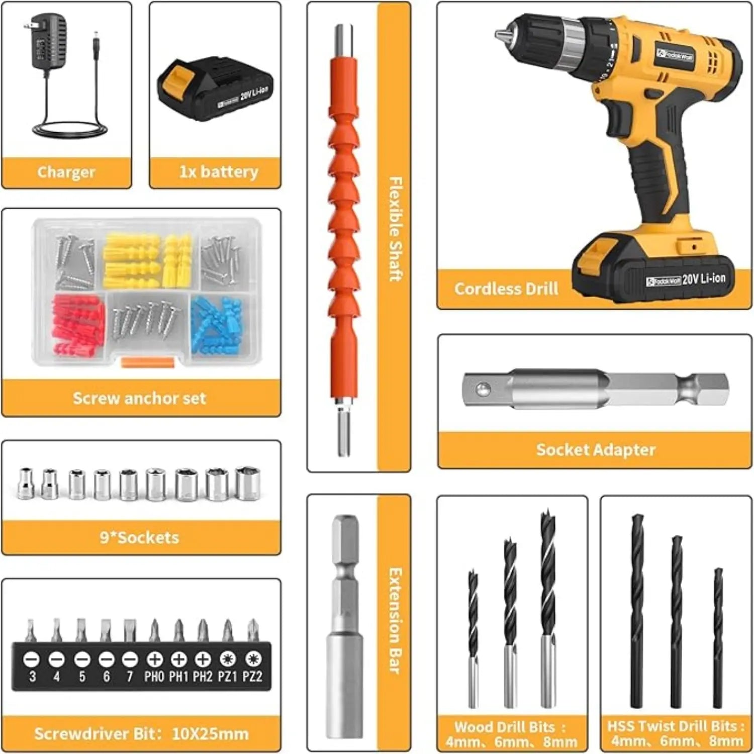 Fadakwalt 20V Cordless Drill All Accessories Display, Modern Design Drill, Combining Efficiency and Durability