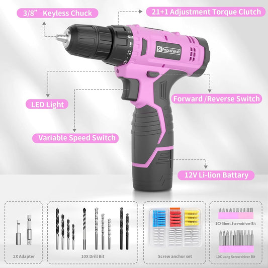 Fadakwalt 12V Cordless Drill, lightweight and portable, suitable for everyday drilling and screwdriving.