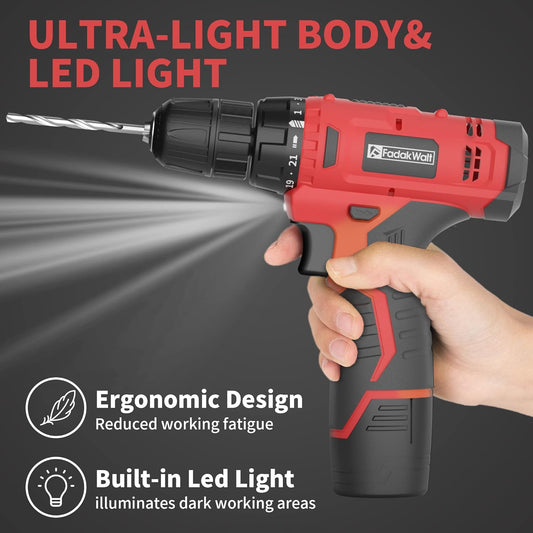 Fadakwalt 12V Red Cordless Drill with Built-in LED Light Illumination Function Demonstration Diagram, Clearer Nighttime Work