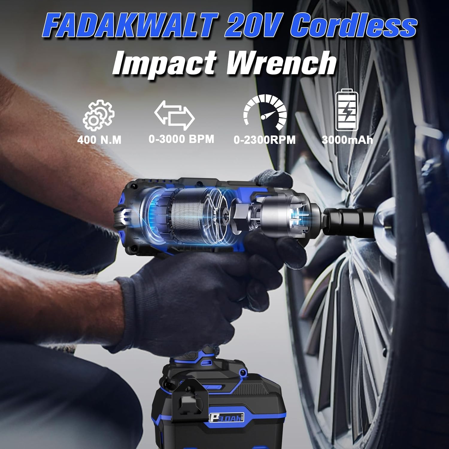 fadakwalt High Torque 20V Impact Wrench, suitable for tire removal and installation, mechanical maintenance, and other applications.