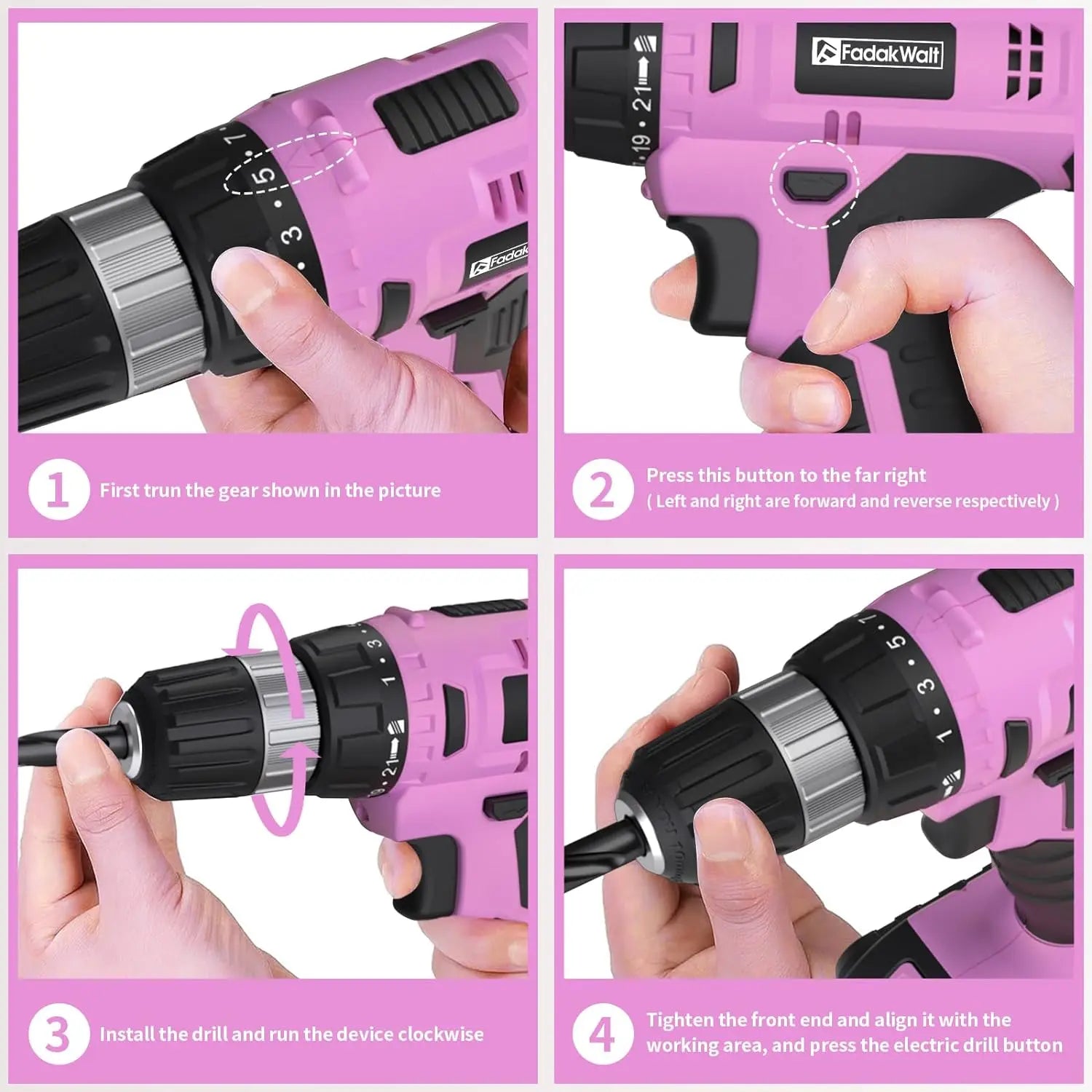 Fadakwalt Cordless Drill Usage Steps Diagram, Demonstrating Drill Bit Installation