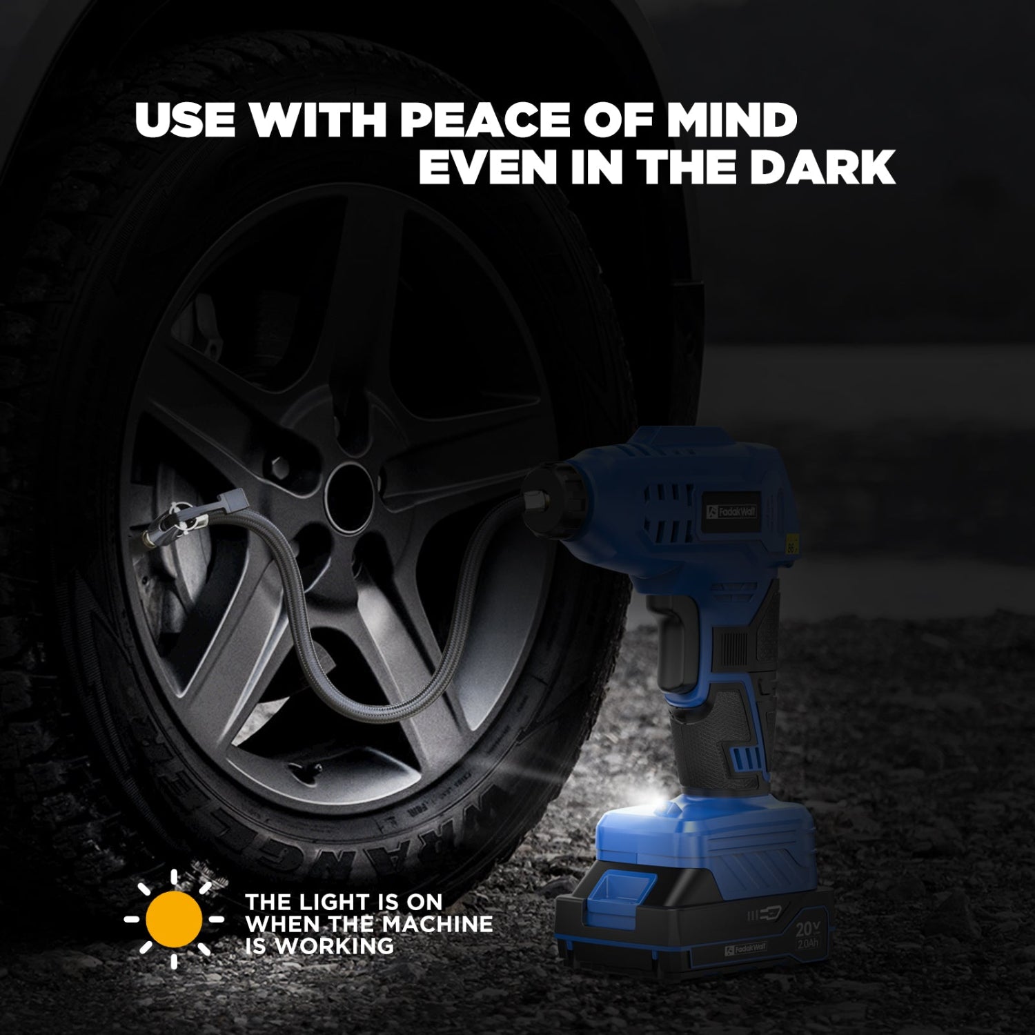 The Fadakwalt air pump is equipped with a powerful LED light, making it convenient for emergency inflation at night.