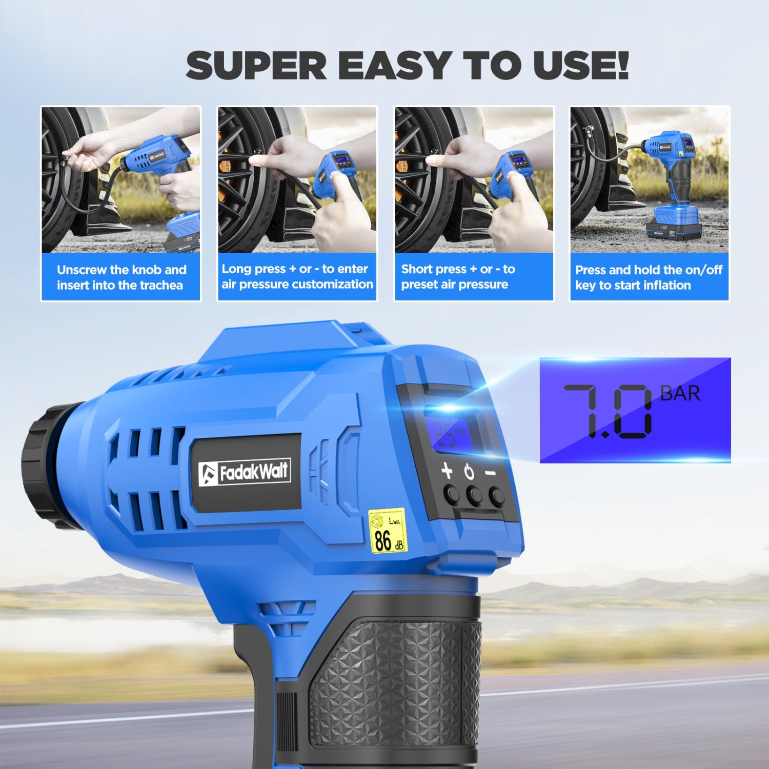 Fadakwalt portable air pump is suitable for emergency inflation of car tires and is easy to operate.
