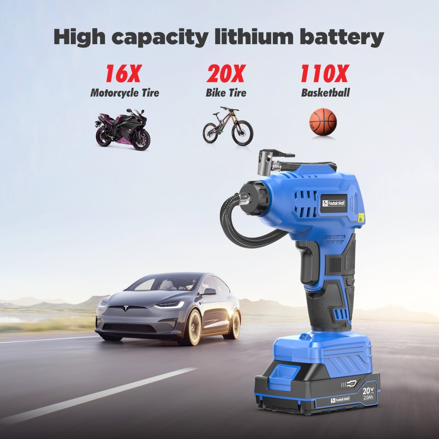 The Fadakwalt portable air pump supports multiple consecutive inflations and has a long battery life.