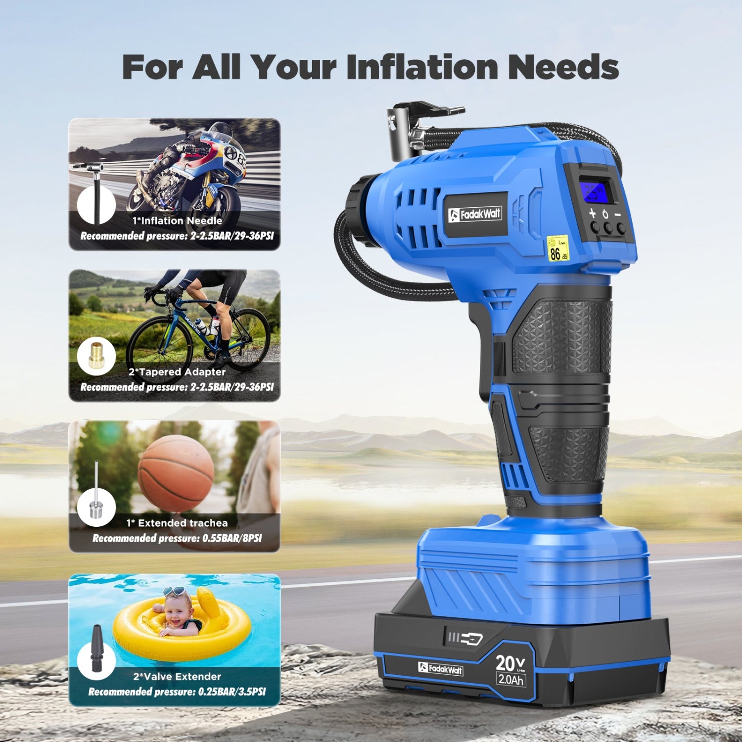 Portable air pump for inflating air mattresses in outdoor settings, suitable for camping use.